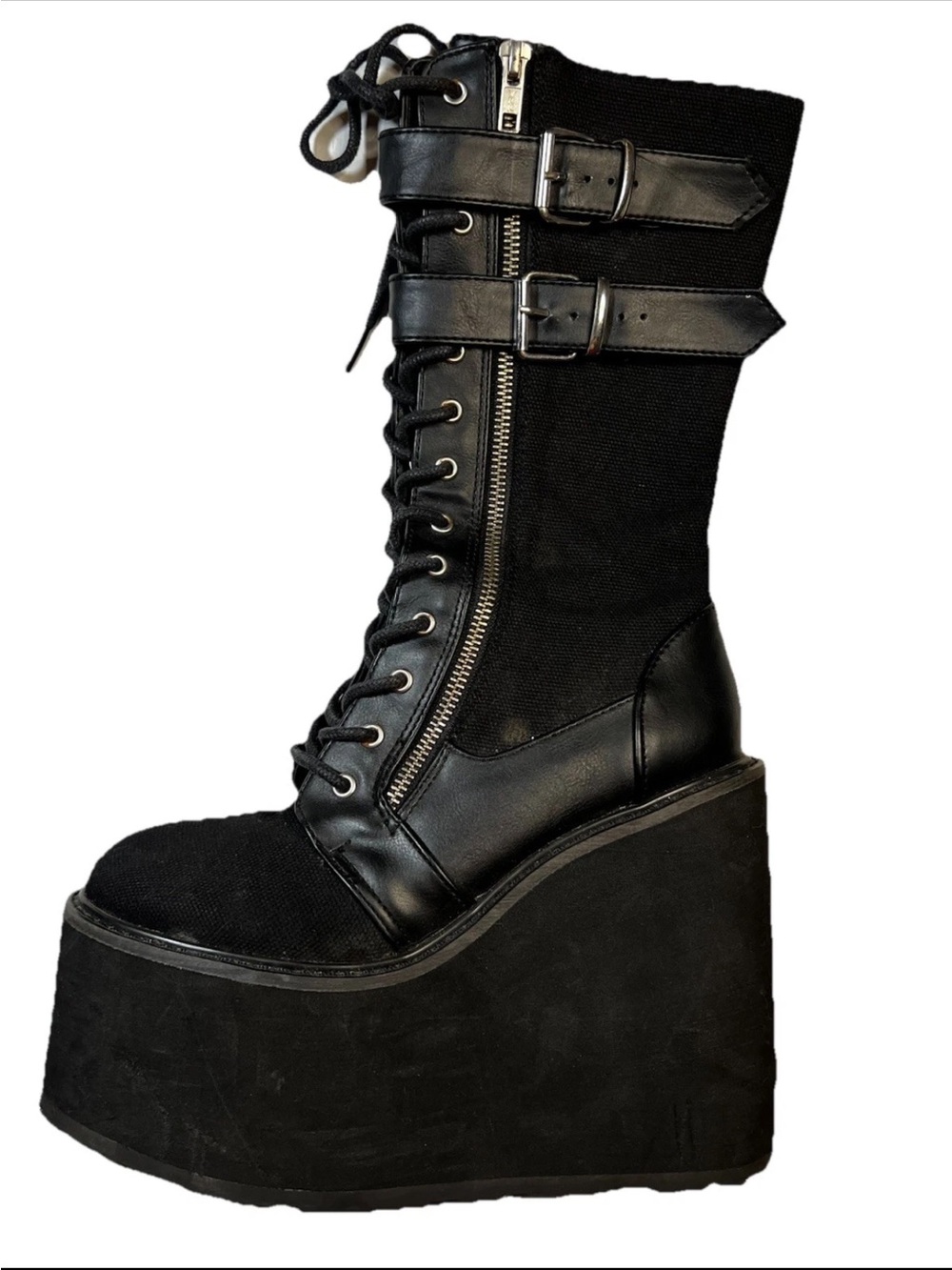 Demonia Swing-221 Canvas Wedge Platform Lace-Up Knee High Boots 8M - Picture 2 of 14